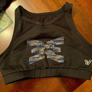 ECE practice wear sports bra. High neck blue and white rhinestones
